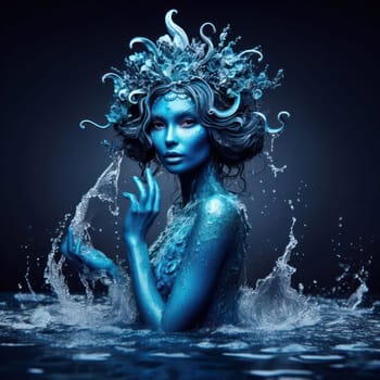 beautiful female fantasy water elemental demon or sea goddess emerges from the ocean generative ai