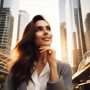 successful business woman looking at modern city buildings and planning future investments  generative ai