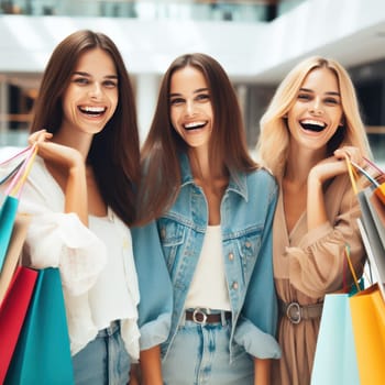 three young happy women shopping together in the mall generative ai