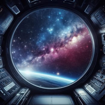 gorgeous space and stars with nebula gas cloud seen through space ship or station window generative ai