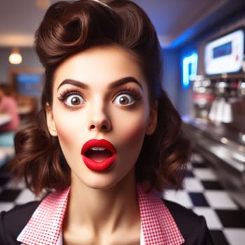 beautiful waitress in diner is surprised generative ai