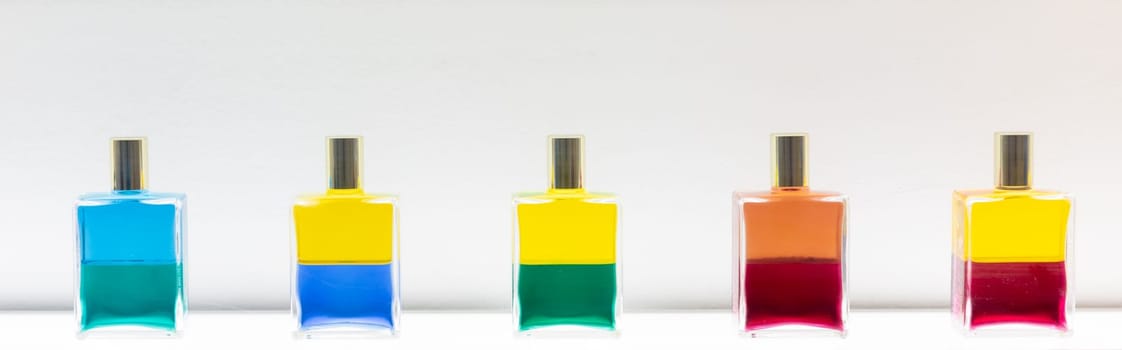 Parfume bottles collection. Series of glass containers, cosmetic product concept