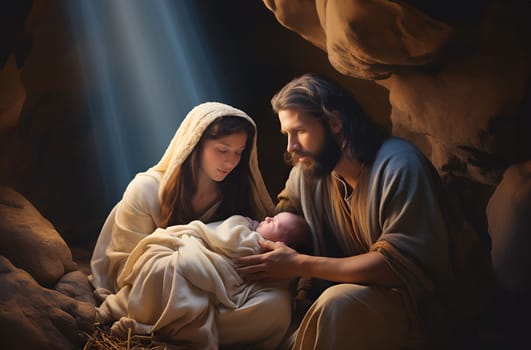Christmas nativity scene. Jesus Christ birth. Portrait of Holy Family, Saint Virgin Mary, Joseph caressing newborn baby boy in manger at holy night. Greeting card. Child is born. Christian background
