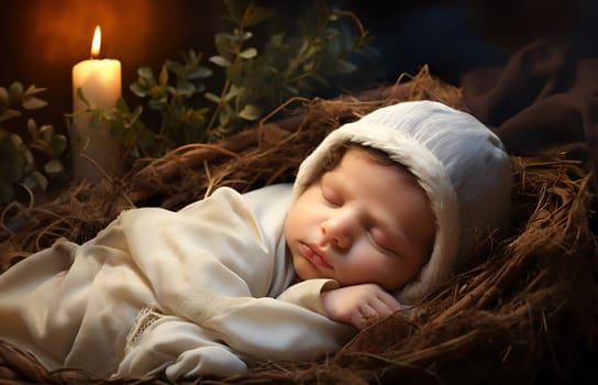 Christmas nativity scene. Birth of Jesus Christ. Portrait of Newborn baby boy in manger, crib in stable with linen swaddles at holy night. Greeting card. Child is born. Christian religious background