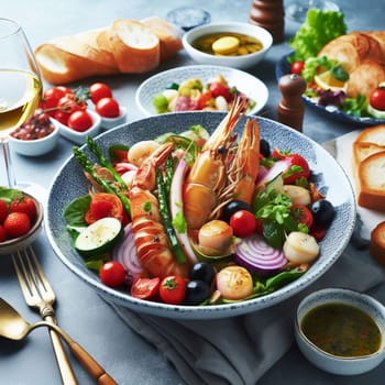 Seafood salad with shrimp, tomatoes and herbs on a dark blue plate, served with bread and wine. Delicious and healthy Mediterranean cuisine