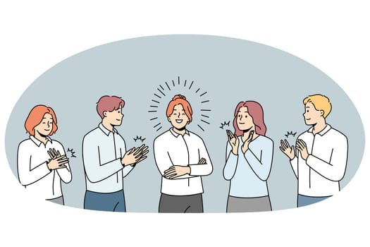 Happy colleague applaud greeting successful businesswoman with personal work achievement. Smiling employees clap hands show acknowledgement to female leader. Vector illustration.