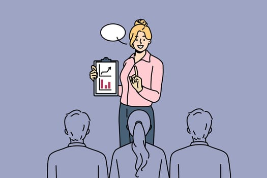 Successful business woman speaks at presentation showing clipboard with growing financial graphs. Business lady conducts training talking about importance of leadership qualities and ambitions