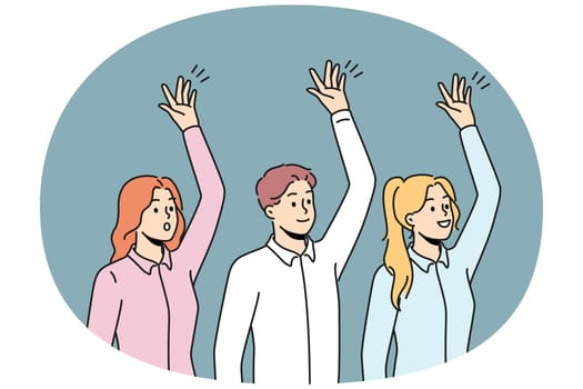 Happy businesspeople raise hands vote at workplace. Smiling employees engaged in teambuilding activity. Teamwork concept. Vector illustration.
