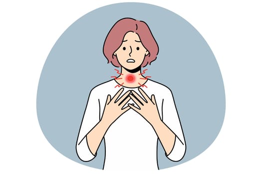 Unhealthy young woman suffer from thyroid problems. Unhappy sick female struggle with hyperthyroidism. Larynx body organ trouble. Healthcare. Vector illustration.