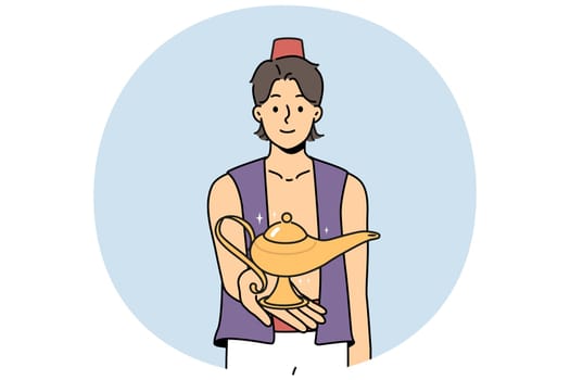 Smiling Aladdin holding wonderful lamp in hands. Happy male genie with golden lamp grant wishes. Fairytale and magic. Vector illustration.