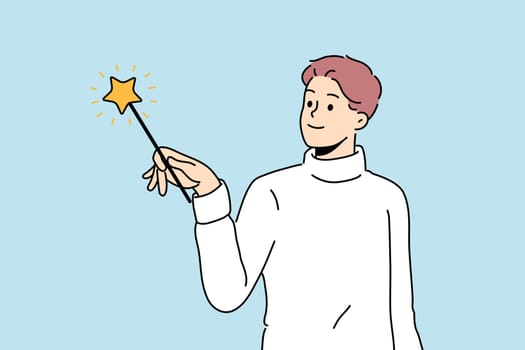 Man wizard uses fairy magic wand and casts enchanting spell during witchcraft or magic trick. Fairy guy offers to visit magical sale with unrealistically low prices and amazing shopping discounts
