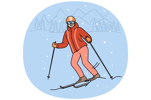 Smiling woman in outerwear skiing on mountain during winter holidays. Happy female skier in helmet and goggles enjoy active holidays outdoors. Vector illustration.