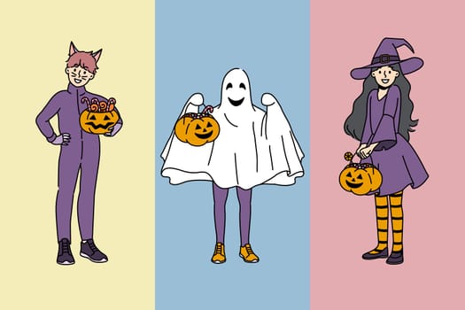 Cheerful kids in halloween outfits invite to go for treats and hold pumpkins in hands. Two brothers and sister dressed as witches and ghosts are ready for festive halloween events.