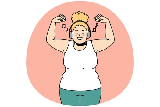 Overjoyed overweight woman in headphones listen to music do sports. Smiling fat girl in earphones enjoy good quality sound training. Vector illustration.