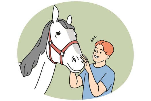 Smiling young man caress white horse at farm. Happy male farmer enjoy time with mare. Domestic animals and farming. Vector illustration.