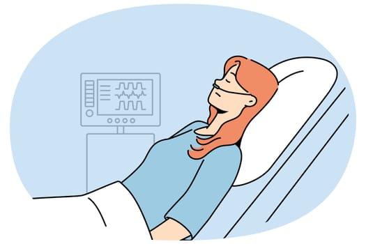 Sick woman with oxygen lying in hospital bed. Unhealthy female patient rest in clinic, monitored with electronic devices. Healthcare and medicine. Vector illustration.