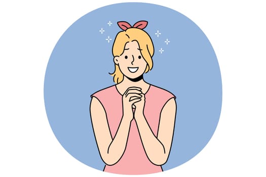 Smiling young woman with hands in prayer ask for forgiveness or beg. Happy girl feel hopeful and joyful praying. Faith and belief. Vector illustration.
