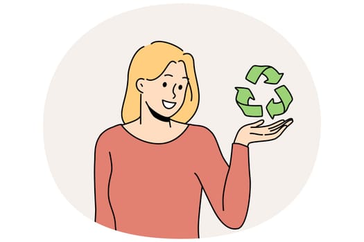 Smiling young woman holding recycle sign in hands care about planet conservation and protection. Happy female activist or volunteer with recycling symbol. Vector illustration.