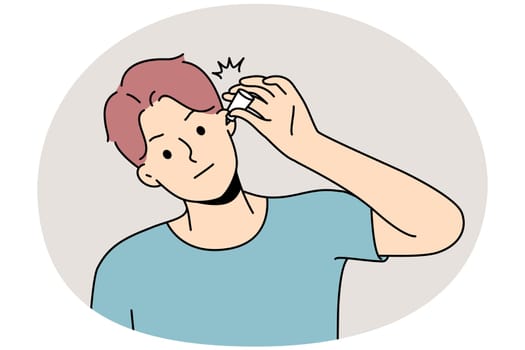 Unhealthy young man use eardrops suffer from infection. Unwell sick guy get medication for inflamed ear. Healthcare and medicine. Vector illustration.