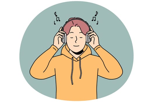 Smiling young man listen to music in modern wireless headphones. Happy guy enjoy good quality sound in earphones. Hobby and amusement. Vector illustration.