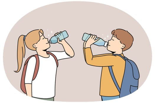 Small children with backpacks drinking fresh water from plastic bottles. Happy kids suffer from thirst enjoy clear aqua for hydration. Vector illustration.