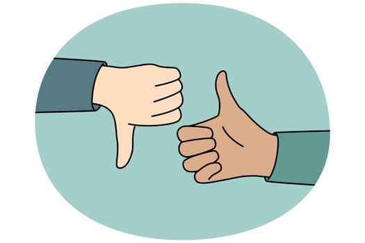 Closeup of people hands showing thumb up and down. Man or woman demonstrate like or dislike. Approval and disapproval. Vector illustration.