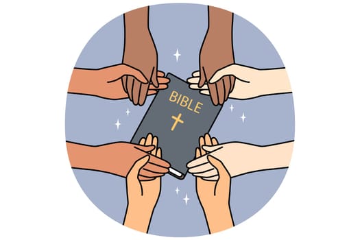 Closeup of diverse interracial people hold hands praying together. Multiethnic group holding bible engaged in prayer. Religion and faith. Vector illustration.