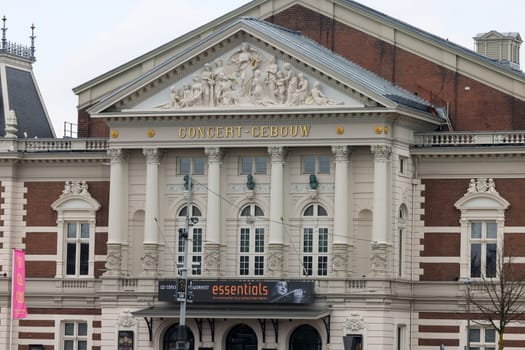 Amsterdam, Netherlands - April 21, 2023: Facade of the Royal Concertgebouw concert hall in Amsterdam, Netherlands.