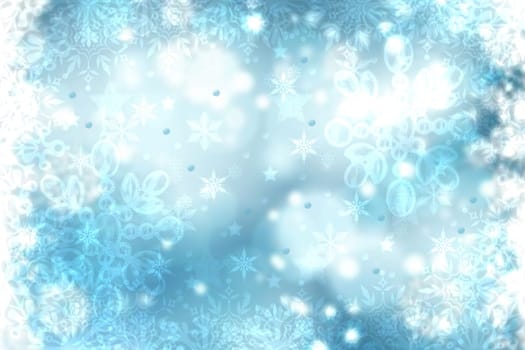Christmas card template. Abstract festive blue winter christmas background texture with a pastel bokeh lighted xmas baubles and stars. Beautiful card design. Space.