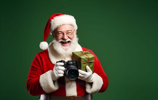 Portrait of happy Santa Claus holding Christmas present giftbox, gift with surprise and photo camera in his hands. Green pocket or box with ribbon. Green background. Copy space for text