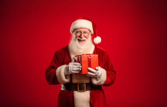 Portrait of happy Santa Claus holding Christmas giftbox, gift with surprise in his hands. Red pocket or bag in his hands with sweet presents. Red background. Copy space for text. High quality photo