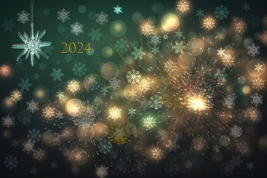 Abstract blurred festive gold yellow green winter christmas or Happy New Year background texture with firework, bokeh circles, balls and stars. Card 2024.