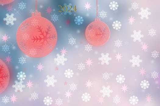 Abstract blurred festive light red pink white winter christmas or Happy New Year background texture with white bokeh circles, balls and stars. Card 2024.