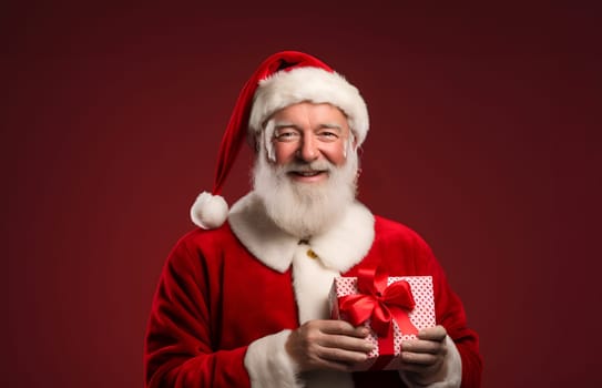 Portrait of happy Santa Claus holding Christmas giftbox, gift with surprise in his hands. Pink pocket or bag in his hands with red ribbon. Red background. Copy space for text. High quality photo