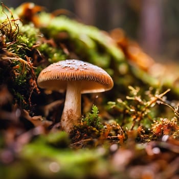 Mushroom in the moss on the forest floor. Mystical magician. Autumn light mood. AI generated image