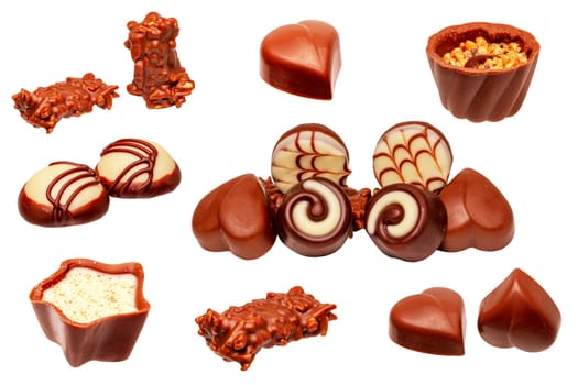 Chocolate candies collection. Set of a beautifully assortment of various chocolate candies sweets isolated on a white background. Macro. Christmas or other holidays.
