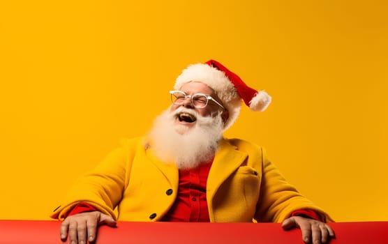 Portrait of cool, happy, crazy, emotional, laughing Santa Claus with white beard, wearing red hat and yellow clothes on yellow color background. Christmas banner with copy space for advert, discount