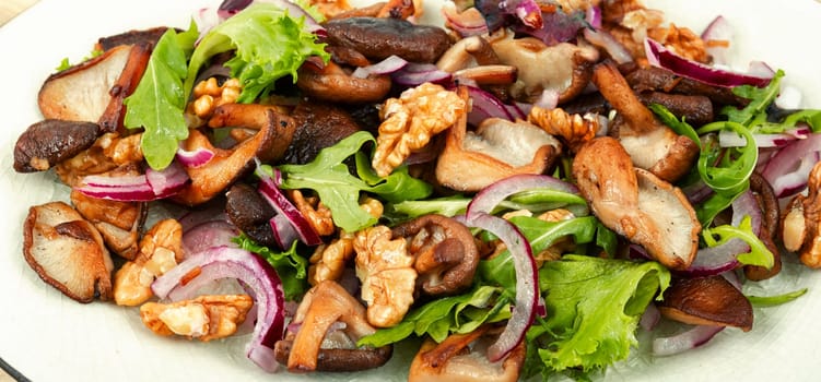 Vegetable diet salad with grilled forest mushrooms, onions, green and walnuts. Close up.