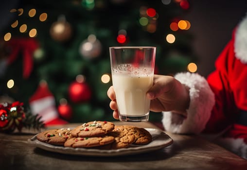 Santa Claus having delicious snack, eating freshly baked Christmas chocolate gingerbread cookies and drinking milk, Christmas holiday concept. Santa hand holding glass of milk. Magic greeting card