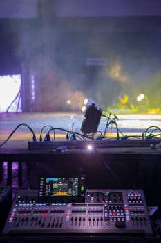Merida, Spain - Dec 9th, 2022: Rap battling performance. Mixing console in focus