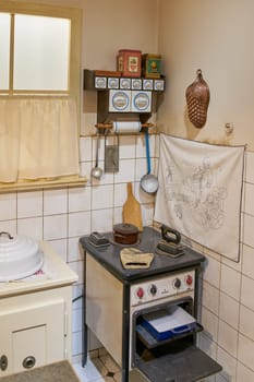 Old historic kitchen with outdated equipment in an apartment in Prague in the Czech Republic
