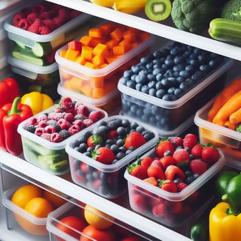 Colorful fruits and vegetables are neatly arranged on shelves in the refrigerator. A healthy refrigerator for a healthy person