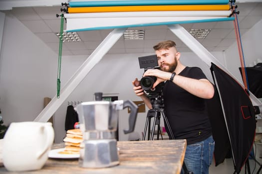 UFA, RUSSIA - 29 FEBRUARY 2020: cameraman works with Red digital cinema cameras. RED is the leading manufacturer of professional digital cinema cameras.