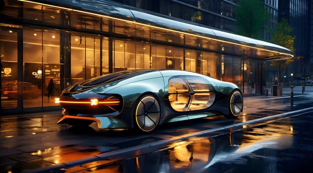 Illustration of a futuristic concept car, sleek, eye-catching, beautiful and elegant. Parked on the side of the road in front of a glass-filled building in the middle of a city. very luxurious life.