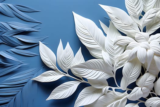 Picture of white leaves and branches on a blue background. I felt strange when I saw it. It looks more like a work of art. It creates a new and interesting feeling. It is a nice combination of colors.