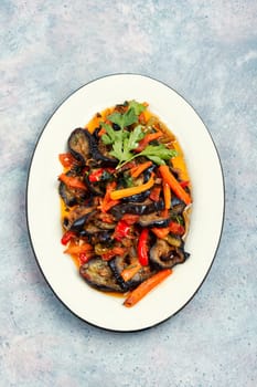 Vegetable saute with eggplant. Vegetarian food, vegetable stew.