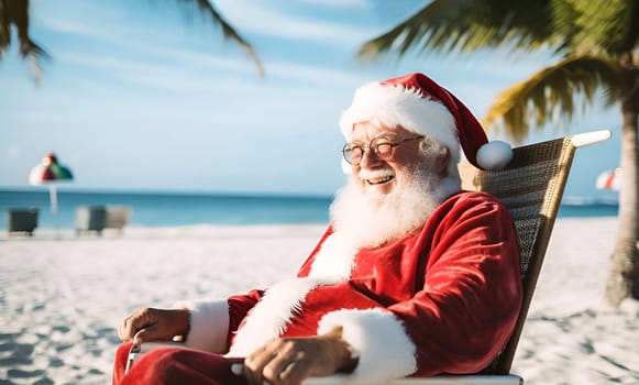Happy smiling Christmas Santa Claus resting, relaxing, enjoying vacation travel in hot countries at lounge chair, sunlounger at ocean sandy tropical beach, under palm leaves. New Year holiday concept