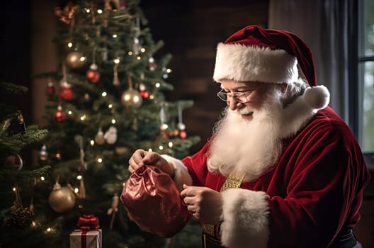 Portrait of happy Santa Claus holding Christmas present giftbox, gift. Red pocket or bag in his hands. In front of green fir tree at home with decorations. Santa prepare surprises. Copy space for text