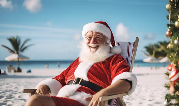 Happy smiling Christmas Santa Claus resting, relaxing, enjoying the sun, sitting at lounge chair at ocean sandy tropical beach with palms. Vacation travel in hot countries, New Year holiday concept