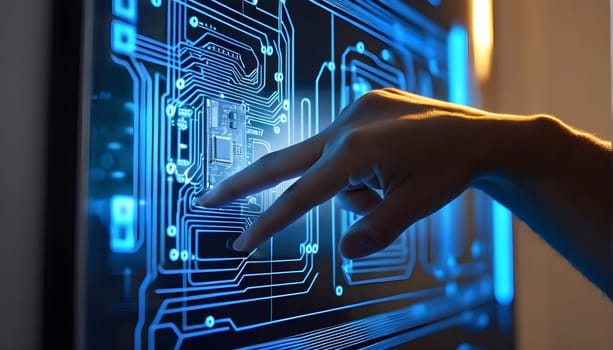 A hand points to a backlit circuit board or a circuit - symbolism for technology